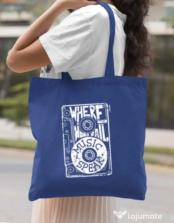 Sacosa din panza Where words fail, music speaks Albastru regal