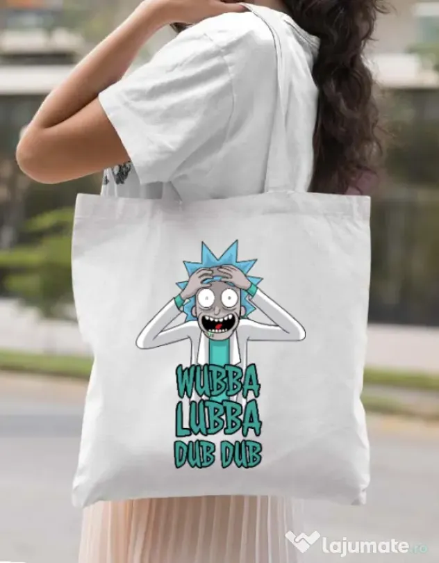 Sacosa din panza Wubba Lubba Dub Dub Alb