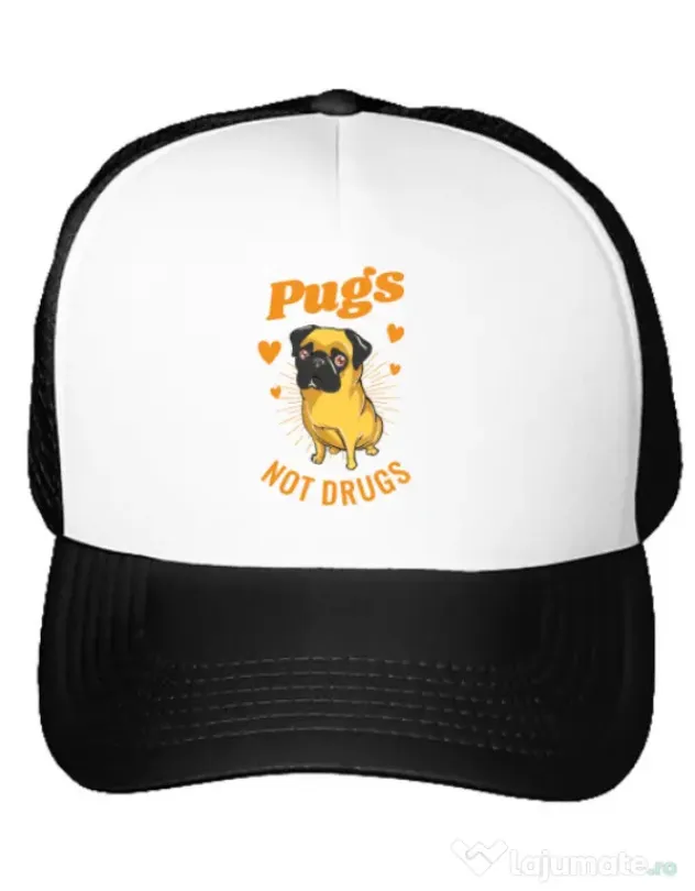 Sapca personalizata Pugs not drugs Alb