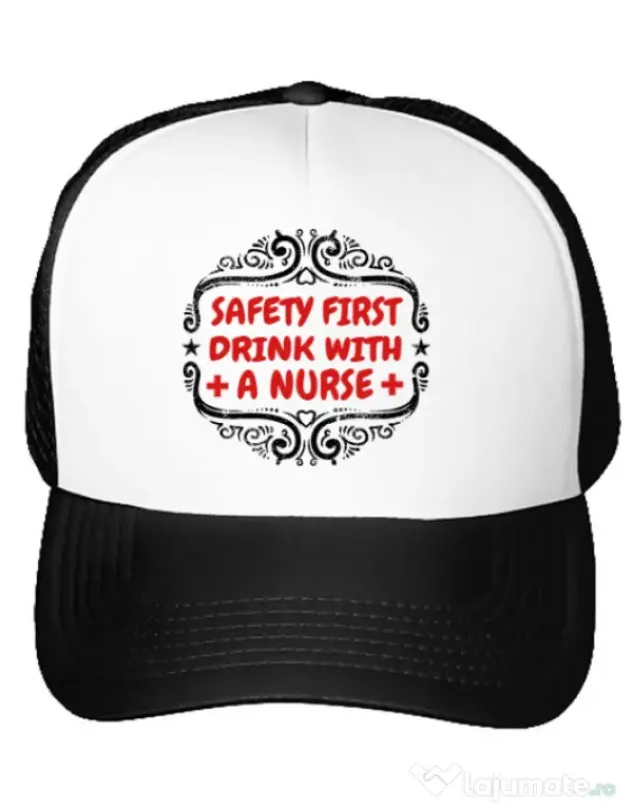 Sapca personalizata Safety first drink with a nurse Alb