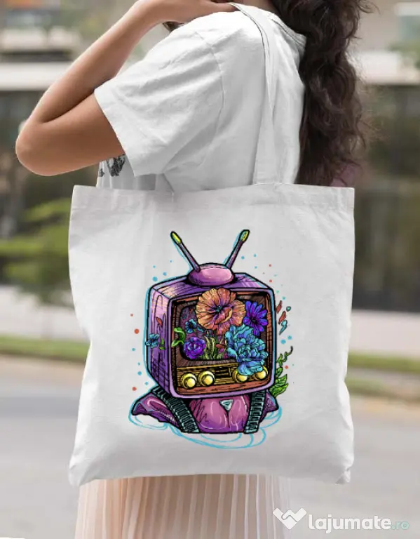 Sacosa din panza Flower television Alb
