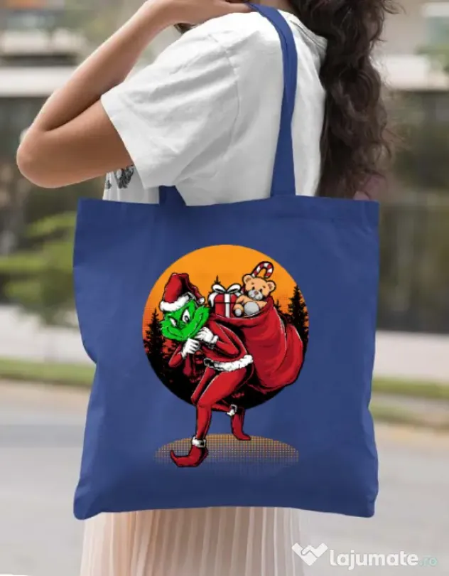 Sacosa din panza Grinch stole Christmas Albastru regal