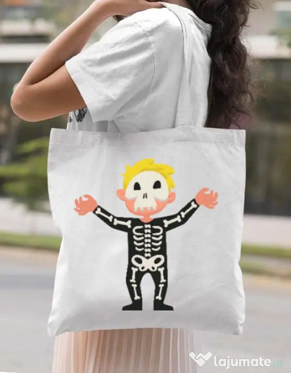 Sacosa din panza Halloween Skull Alb