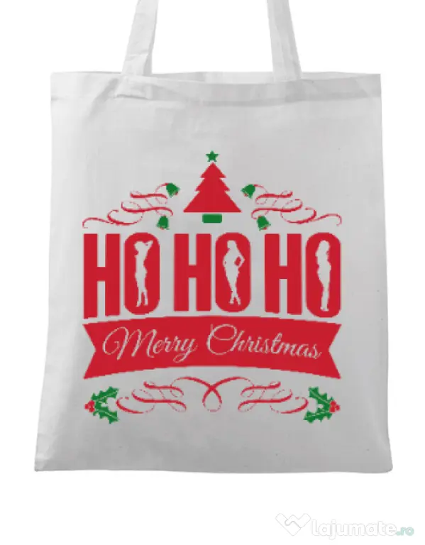 Sacosa din panza Ho ho ho Merry Christmas Alb