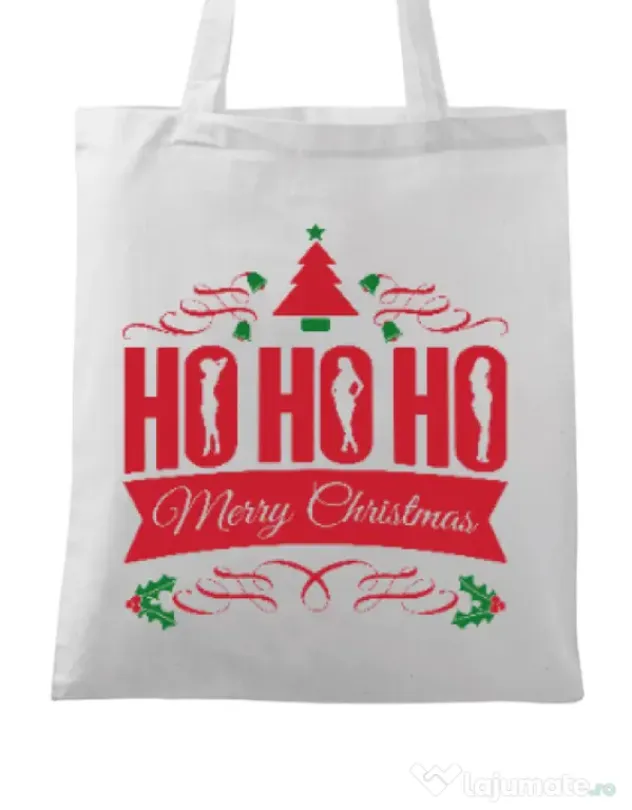 Sacosa din panza Ho ho ho Merry Christmas Alb