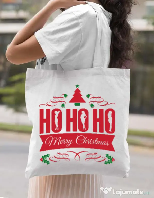 Sacosa din panza Ho ho ho Merry Christmas Alb