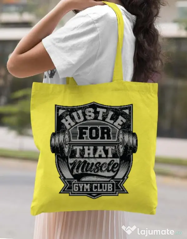 Sacosa din panza Hustle for that muscle Galben