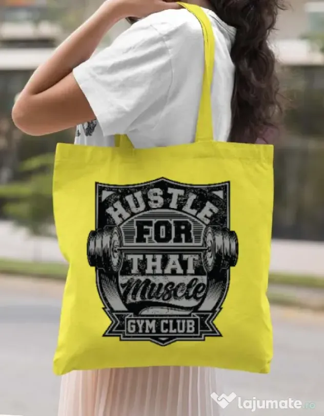 Sacosa din panza Hustle for that muscle Galben