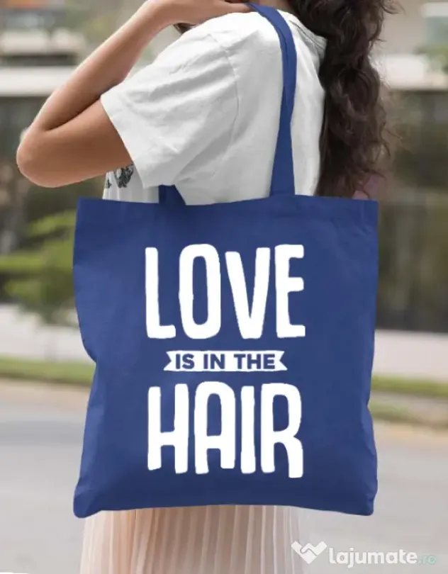 Sacosa din panza Love is in the hair Albastru regal