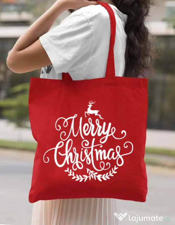 Sacosa din panza Merry Christmas Rosu