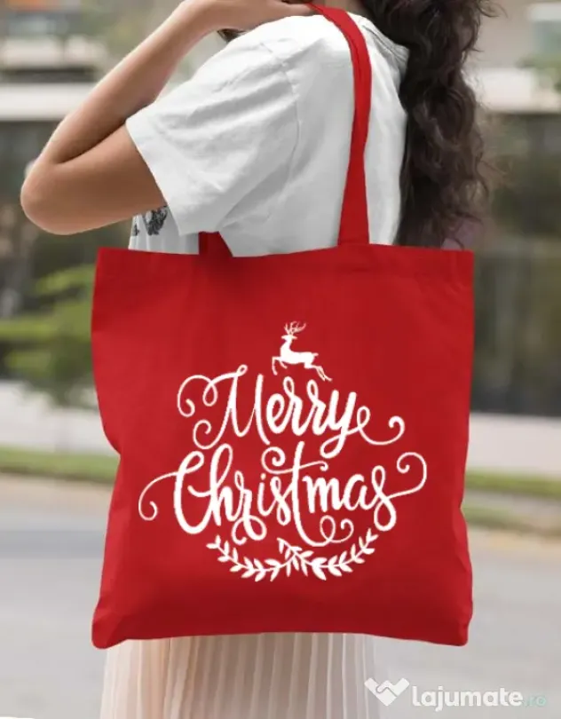 Sacosa din panza Merry Christmas Rosu
