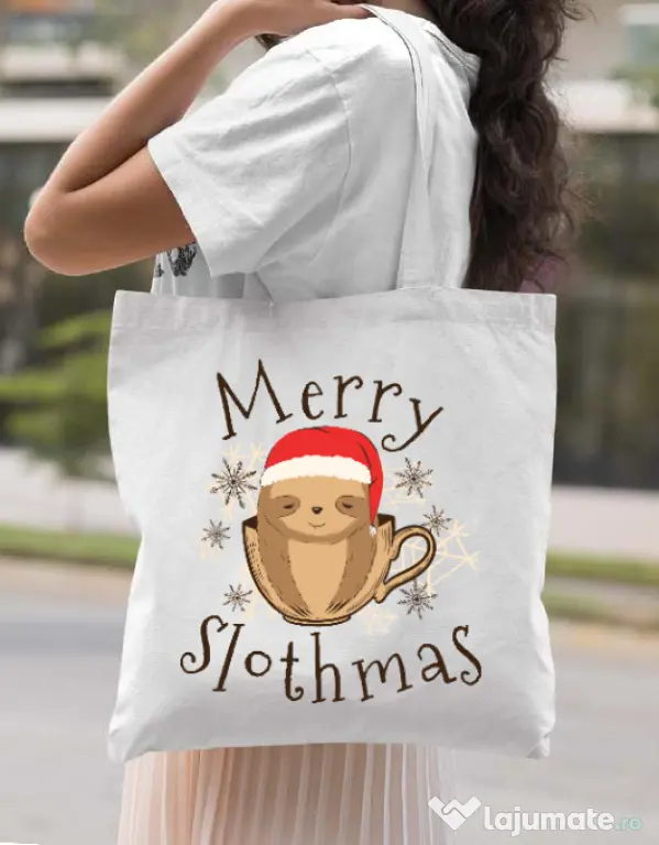 Sacosa din panza Merry slothmas Alb