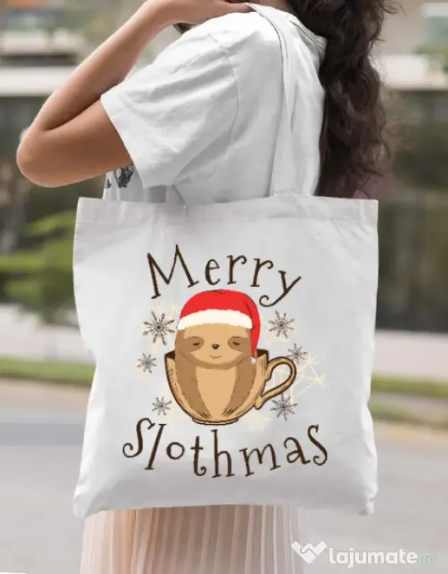 Sacosa din panza Merry slothmas Alb
