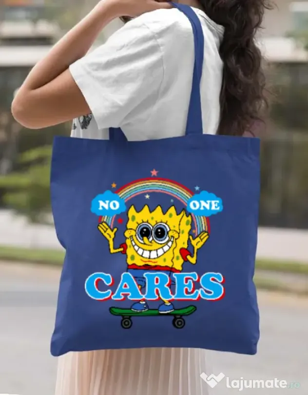 Sacosa din panza No one cares Albastru regal