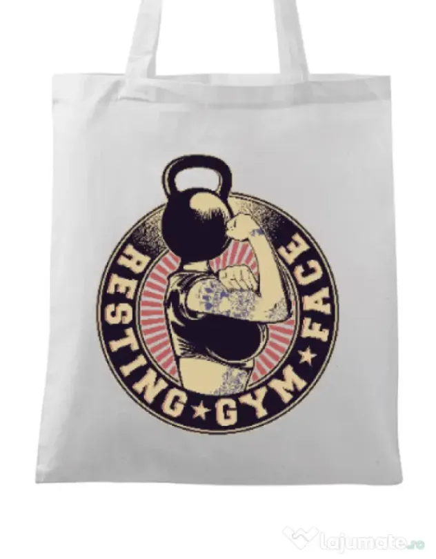 Sacosa din panza Resting gym face Alb