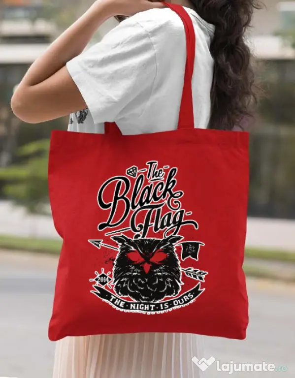 Sacosa din panza The black flag owl Rosu