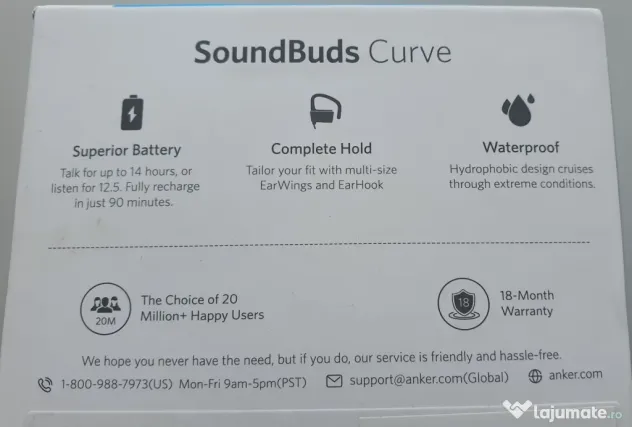 Casti audio wireless BT - ANKER SoundBuds Curve - IPX5 waterproof, Over the Neck