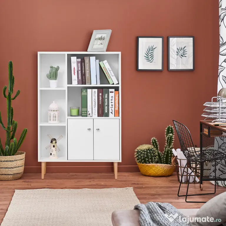 Homcom Biblioteca Alba 80×23,5×118 cm – Lemn cu Picioare din Pin