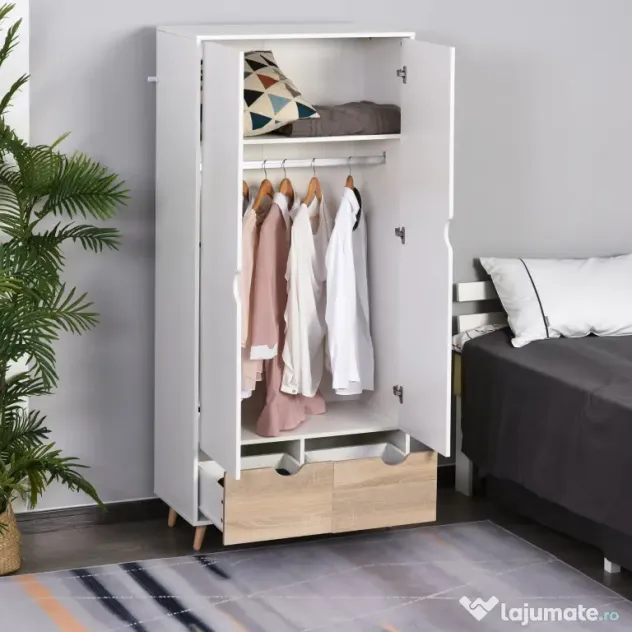 HOMCOM Dulap Multifuncțional Elegant cu Raft, Bară Umerașe și 2 Sertare, Dulap pentru Cameră cu 2 Uși, Alb, 80x40x180cm | Aosom Romania