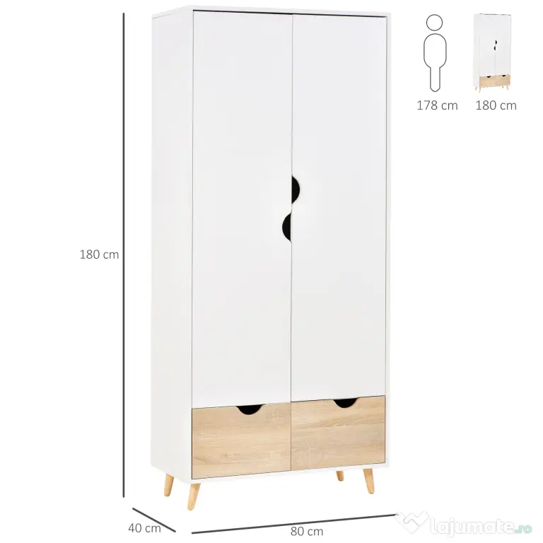 HOMCOM Dulap Multifuncțional Elegant cu Raft, Bară Umerașe și 2 Sertare, Dulap pentru Cameră cu 2 Uși, Alb, 80x40x180cm | Aosom Romania