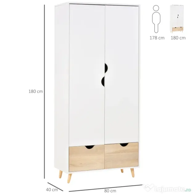 HOMCOM Dulap Multifuncțional Elegant cu Raft, Bară Umerașe și 2 Sertare, Dulap pentru Cameră cu 2 Uși, Alb, 80x40x180cm | Aosom Romania
