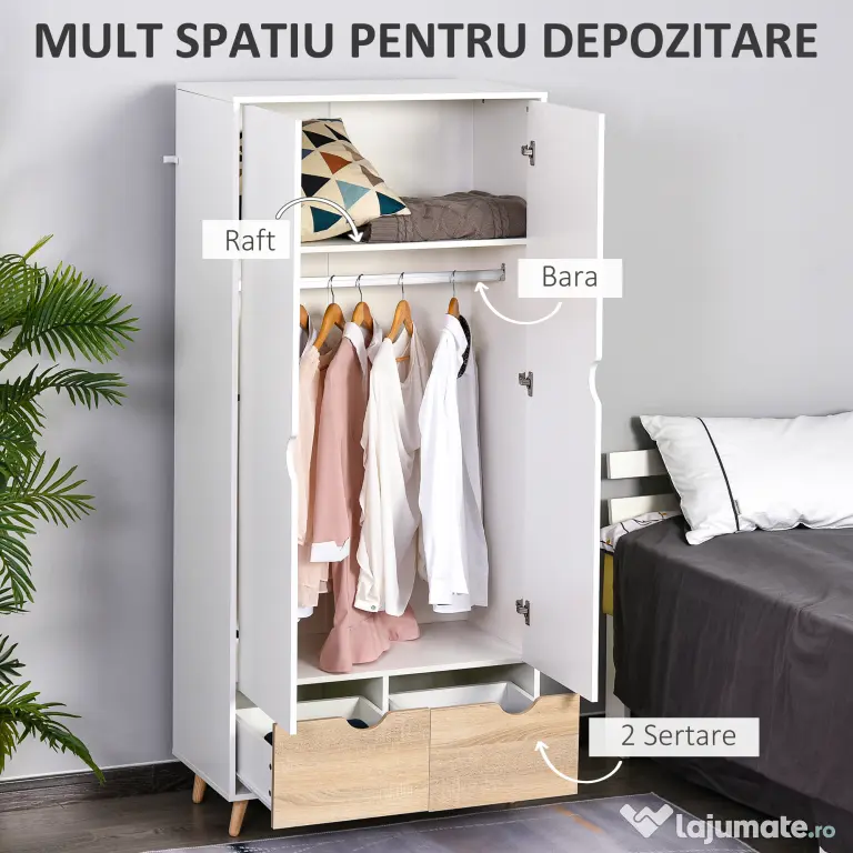 HOMCOM Dulap Multifuncțional Elegant cu Raft, Bară Umerașe și 2 Sertare, Dulap pentru Cameră cu 2 Uși, Alb, 80x40x180cm | Aosom Romania