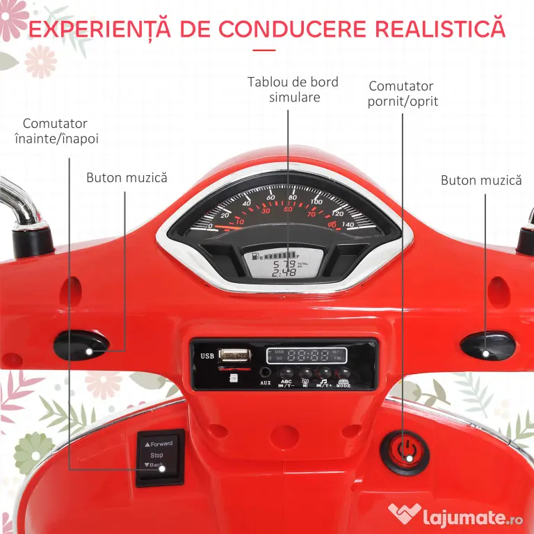 HOMCOM Motocicletă Electrică pentru Copii, 6V cu Muzică, Lumini și Sunete, 102x50,5x75,5 cm, Roșu | Aosom Romania