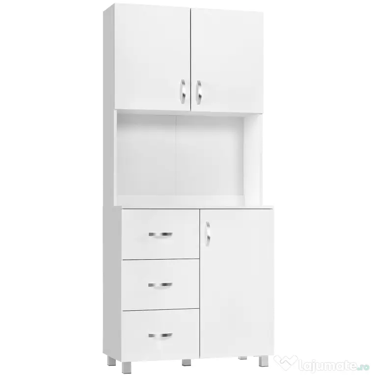 HOMCOM Bufet Modern din Lemn Alb cu 2 Dulapioare, Polite Reglabile, 1 Raft Deschis si 3 Sertare, 80x39,5x183,5cm | Aosom Romania