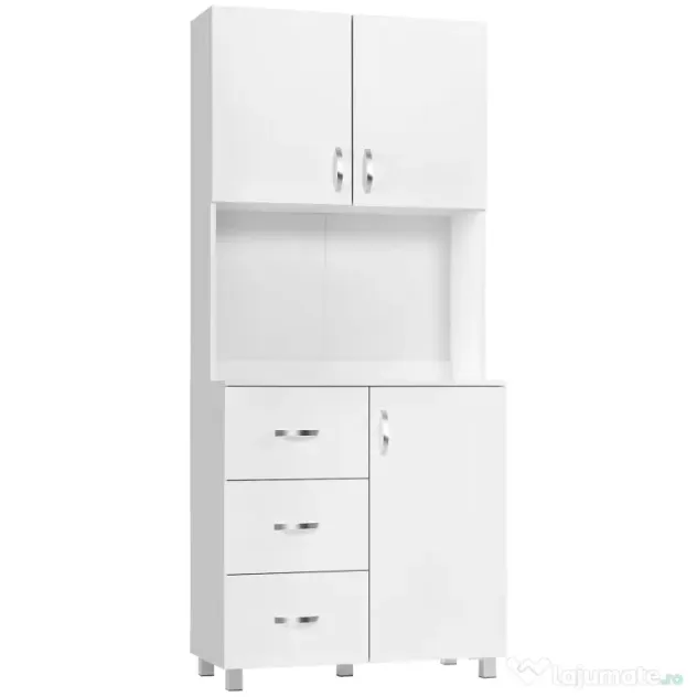 HOMCOM Bufet Modern din Lemn Alb cu 2 Dulapioare, Polite Reglabile, 1 Raft Deschis si 3 Sertare, 80x39,5x183,5cm | Aosom Romania