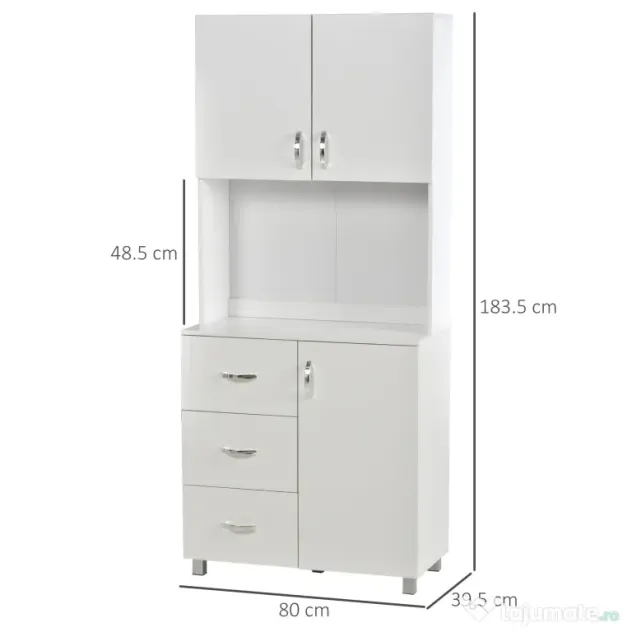 HOMCOM Bufet Modern din Lemn Alb cu 2 Dulapioare, Polite Reglabile, 1 Raft Deschis si 3 Sertare, 80x39,5x183,5cm | Aosom Romania