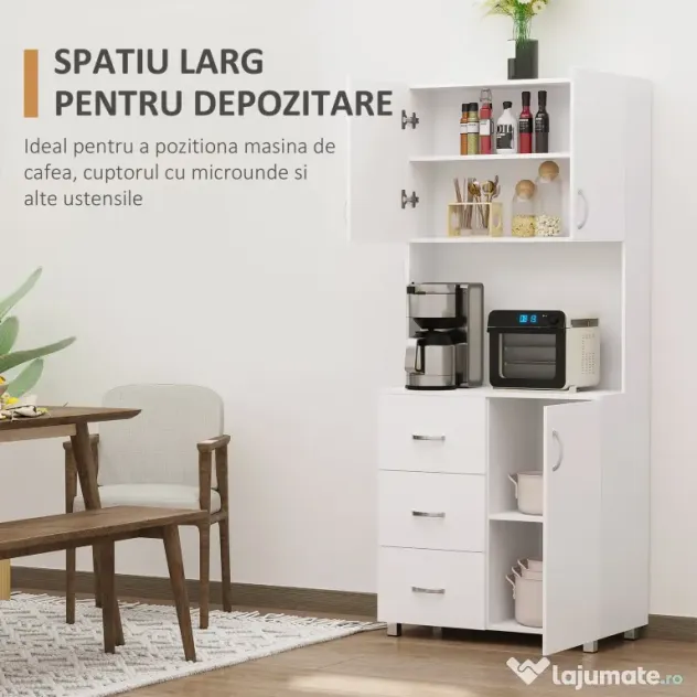 HOMCOM Bufet Modern din Lemn Alb cu 2 Dulapioare, Polite Reglabile, 1 Raft Deschis si 3 Sertare, 80x39,5x183,5cm | Aosom Romania