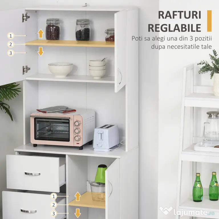 HOMCOM Bufet Modern din Lemn Alb cu 2 Dulapioare, Polite Reglabile, 1 Raft Deschis si 3 Sertare, 80x39,5x183,5cm | Aosom Romania