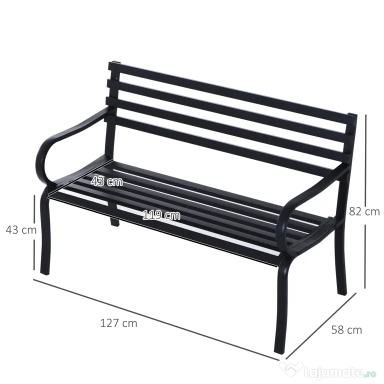 Outsunny Banca de gradina scaun de gradina din metal 2 locuri impermeabila neagra 127 x 62 x 82cm