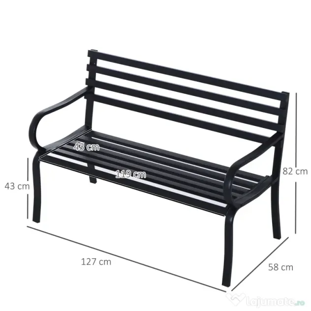 Outsunny Banca de gradina scaun de gradina din metal 2 locuri impermeabila neagra 127 x 62 x 82cm