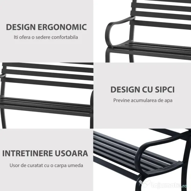 Outsunny Banca de gradina scaun de gradina din metal 2 locuri impermeabila neagra 127 x 62 x 82cm