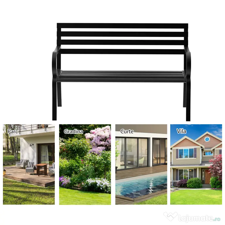 Outsunny Banca de gradina scaun de gradina din metal 2 locuri impermeabila neagra 127 x 62 x 82cm