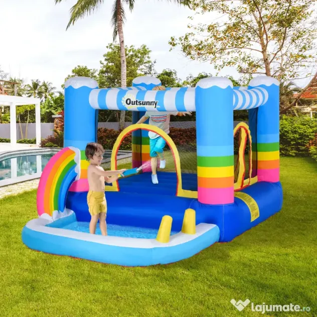Castel Gonflabil pentru Copii Outsunny cu Trambulina si Piscina, Pompa Electrica Inclusa 290x200x155cm, Multicolor | Aosom Romania