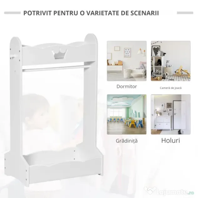 HOMCOM Suport Haine Copii cu Etajere și Agățători, Mobilier Dormitor Lemn, 63x37x103cm, Alb | Aosom Romania