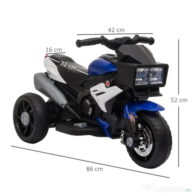 HOMCOM Motocicletă Electrică Copii 3-6 Ani, 3 Roți, Baterie 6V, din PP și Metal, Albastru Închis și Negru, 86x42x52cm | Aosom Romania