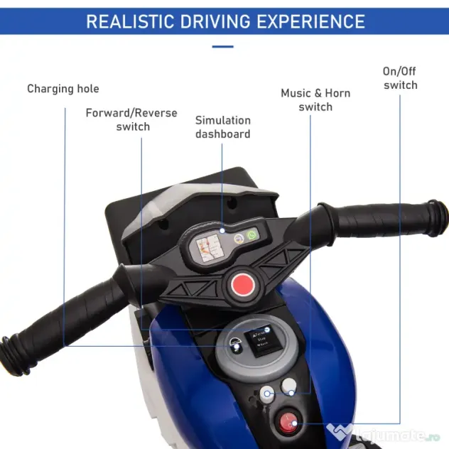 HOMCOM Motocicletă Electrică Copii 3-6 Ani, 3 Roți, Baterie 6V, din PP și Metal, Albastru Închis și Negru, 86x42x52cm | Aosom Romania