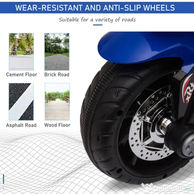 HOMCOM Motocicletă Electrică Copii 3-6 Ani, 3 Roți, Baterie 6V, din PP și Metal, Albastru Închis și Negru, 86x42x52cm | Aosom Romania