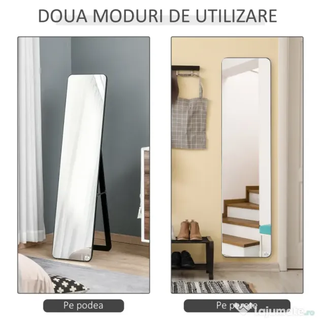 HOMCOM Oglindă de Podea sau Perete cu Cadru din Lemn, Oglindă cu Suport, Pliabil cu Balama, 37x43x156 cm, Nuc | Aosom Romania