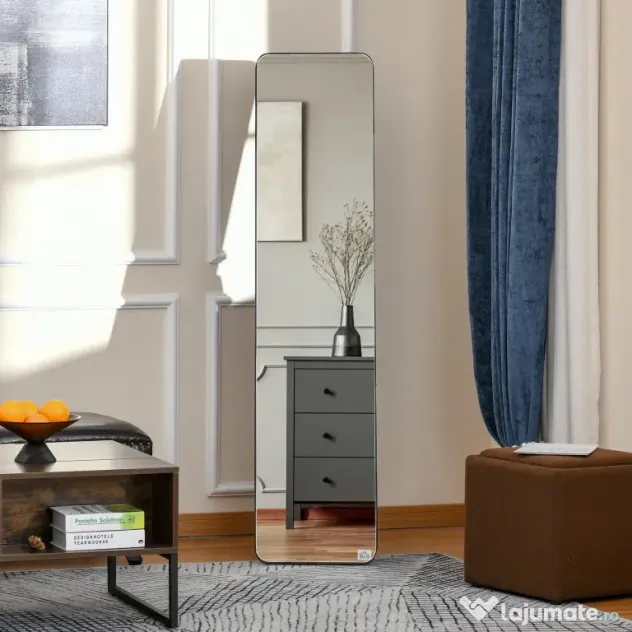 HOMCOM Oglindă de Podea sau Perete cu Cadru din Lemn, Oglindă cu Suport, Pliabil cu Balama, 37x43x156 cm, Nuc | Aosom Romania