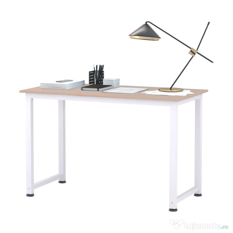 HOMCOM Masa Birou Lemn MDF Culoare Stejar si Picioare in Metal Alb | Aosom Romania