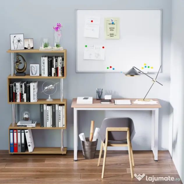HOMCOM Masa Birou Lemn MDF Culoare Stejar si Picioare in Metal Alb | Aosom Romania