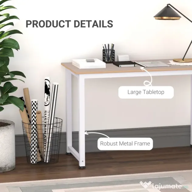 HOMCOM Masa Birou Lemn MDF Culoare Stejar si Picioare in Metal Alb | Aosom Romania