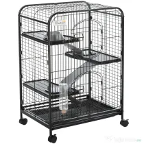 PawHut Cusca Animale Mici Rozătoare Roti 3 Rampe Platforme Bol Sticlă 61.5x44x95cm Neagră | Aosom Romania