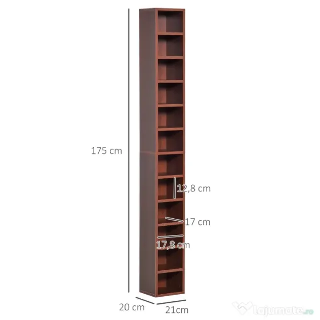 Biblioteca tip coloana cu 12 etajere, din MDF, sustine maxim 15kg 21x20x175cm, maro HOMCOM | Aosom RO