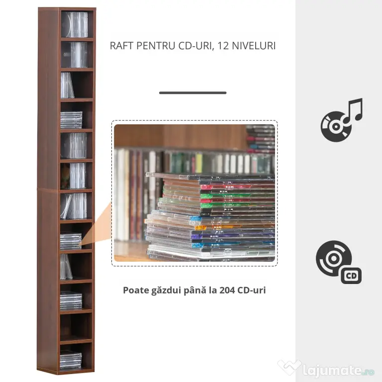 Biblioteca tip coloana cu 12 etajere, din MDF, sustine maxim 15kg 21x20x175cm, maro HOMCOM | Aosom RO