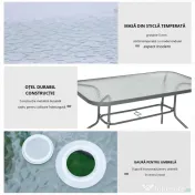 Outsunny Masa de Exterior din Metal si Sticla Temperata cu Orificiu pentru Umbrela 140x80x70cm 